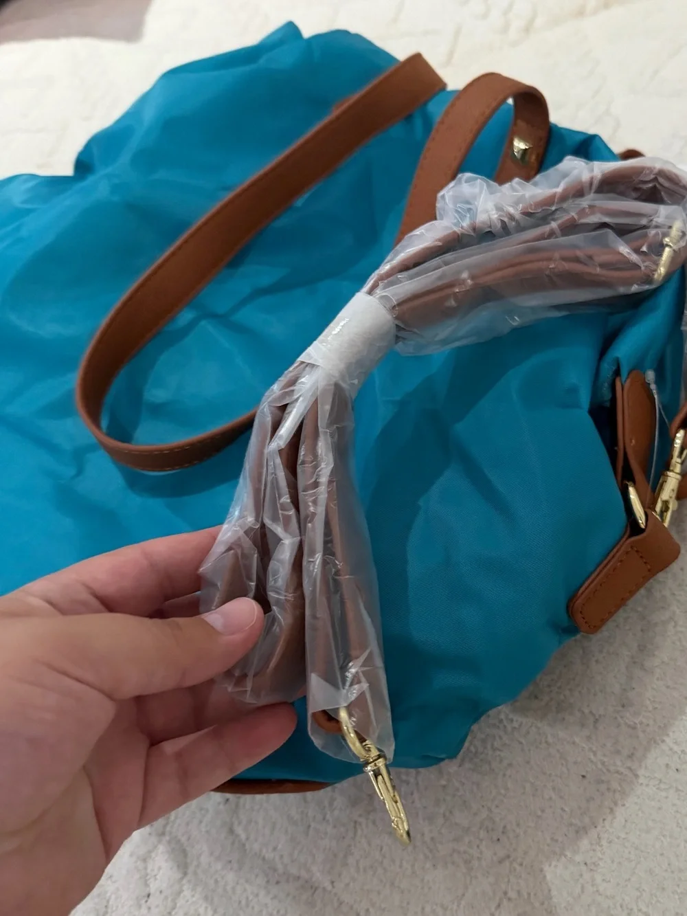 Charming Charlie Blue Nylon Tote bag  with Brown Trim - Women's Shoulder Bag